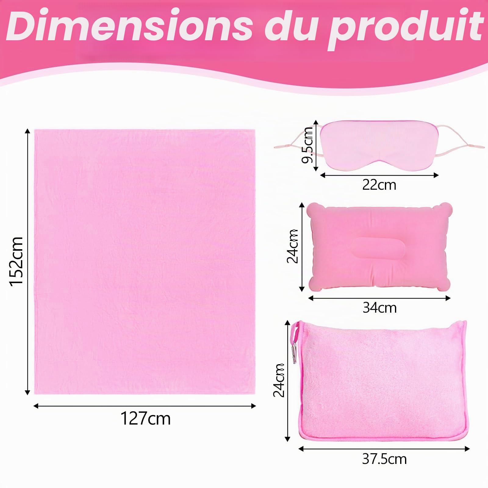 Couverture de Voyage 2 en 1 en Flanelle, Mini Couverture Avion 152x127cm, Couvertures Polaire Avion, Couvertures Voyage Voiture avec Oreiller, Cache-Œil et Pochette, pour Camping Bagage, Rose