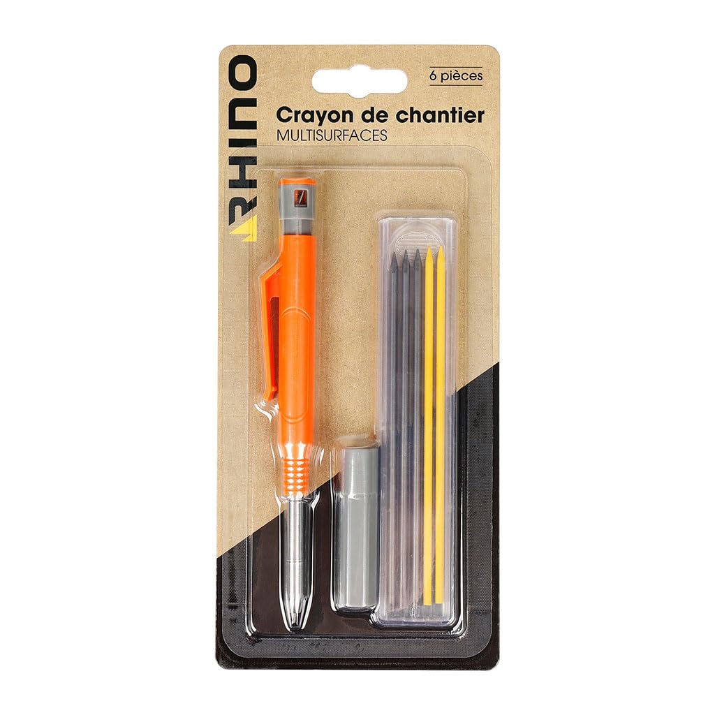 RHINO - Construction pencil, carpenter pencil - Professional construction pencil - 6 pieces - With spare leads - Multi-surface - For wood and dry surfaces - 5 leads - Long and fine point
