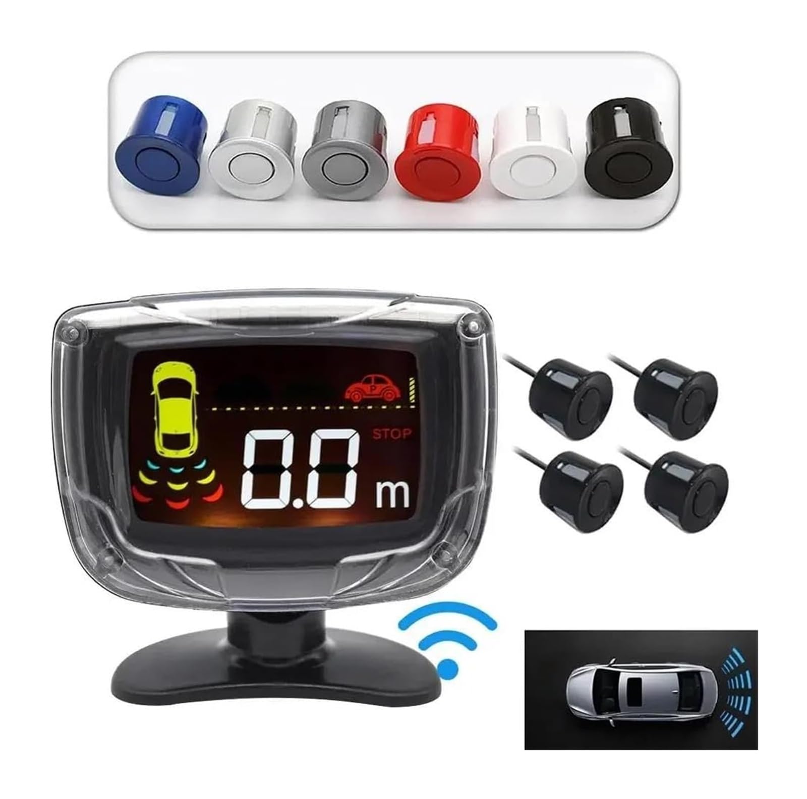 Sensore Di Assistenza Al Parcheggio Set Sensori Parcheggio Radar Retromarcia Posteriori Auto Display LCD 4 Sonde Allarme Acustico 65 DB Rilevatore Monitoraggio Parktronic Backup(Argento)