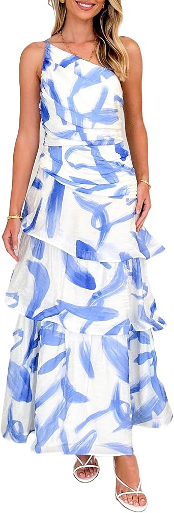 ThCreasa Womens Floral One Shoulder Maxi Dress Tiered Ruffle Layered Sleeveless Summer Beach Party Long Dresses