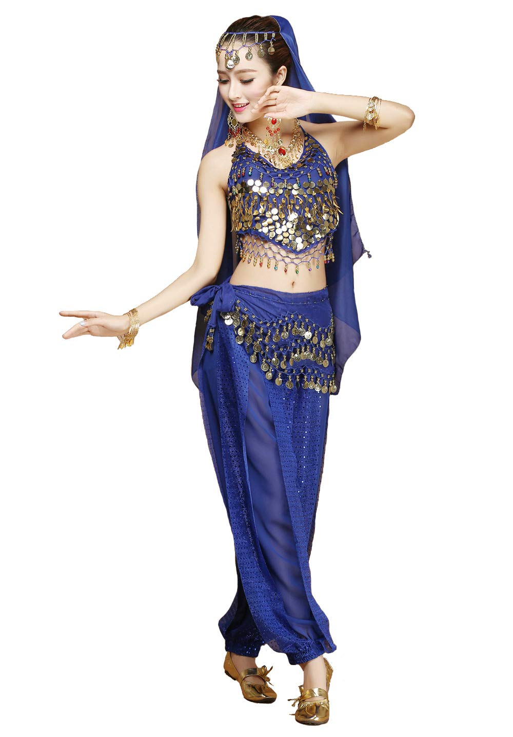 Womens danzatrice del Ventre 4 Pezzi Vestito Costume Set con Il Massimo dei Pantaloni Testa Velo Sciarpa dell'anca per Ballare Egiziano Arabian
