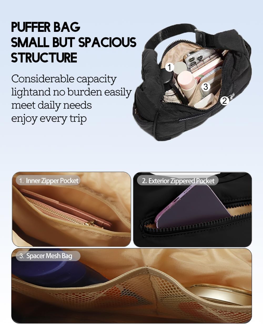 Small Crescent Puffer Purse Shoulder Bag for Women Nylon Quilted Purses Bag Adjustable Shoulder Strap Puffy bag - Image 3