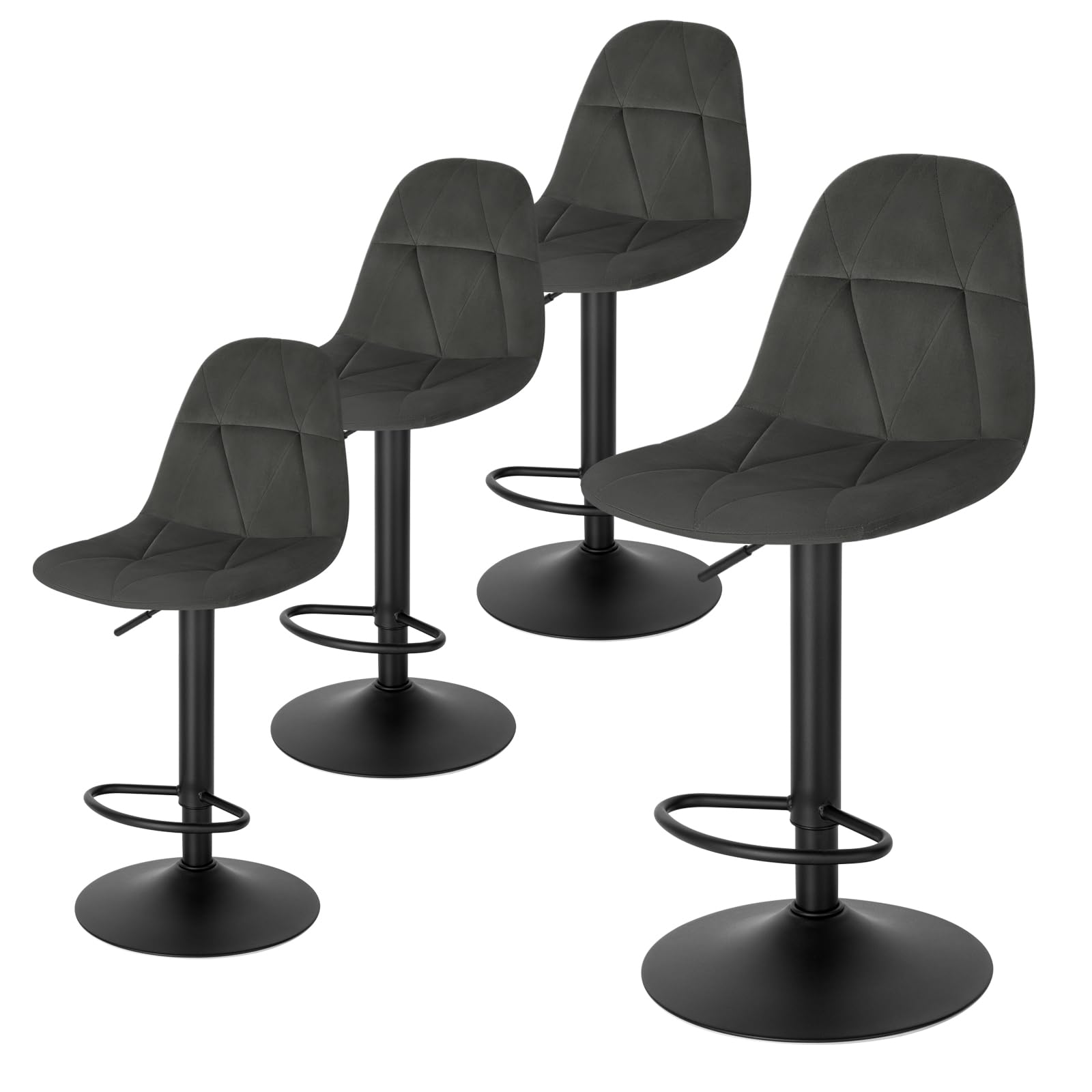 Lestarain Juego de 4 Taburetes Bar con Respaldo, Taburete Alto Cocina de Altura Ajustable Entre 60 y 81 cm, Estructura Metálica, Terciopelo, Gris Oscuro
