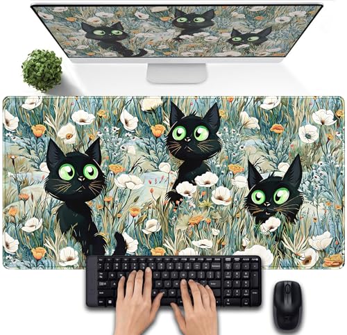 Tappetino da scrivania con gatto blu, tappetino per mouse da gioco, tappetino per mouse e tastiera con piante floreali, tappetino per mouse per computer portatile, salvia scura, decorazione per
