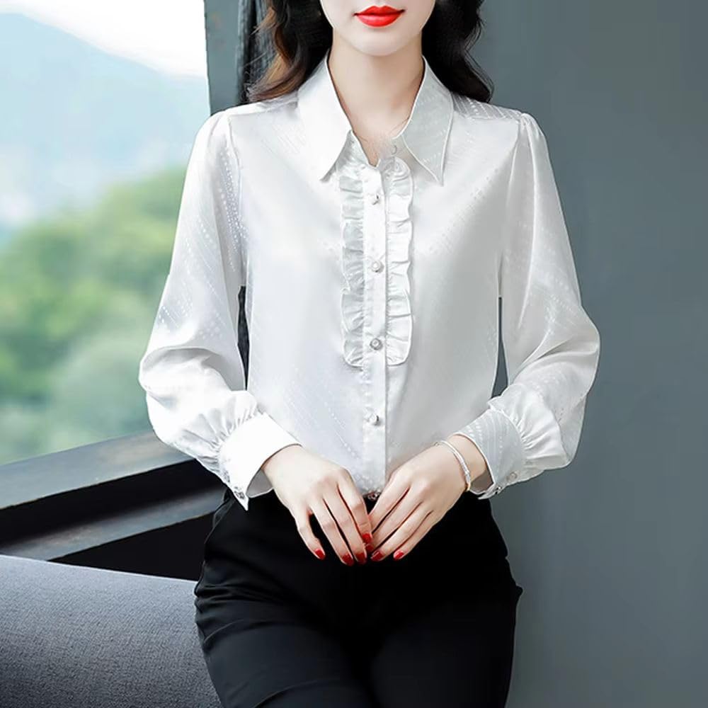 JYHBHMZG Women's Spring Autumn Turn-Down Collar Long Sleeve Blouse Ruffles Printed Top Elegant Korean Style Shirt
