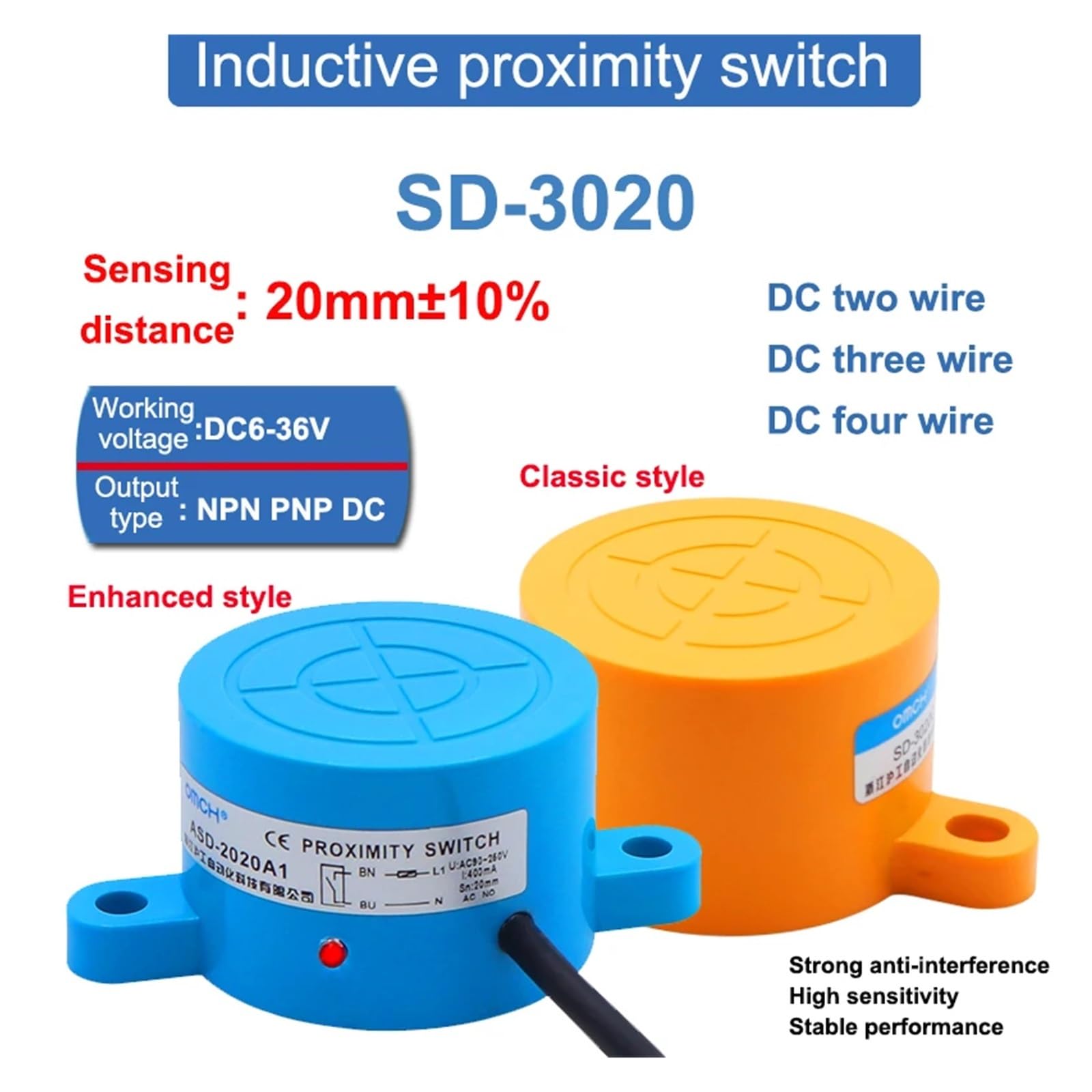 1 szt. SD-3020 20 mm Odległość wykrywania odległości okrągły metalowy czujnik zbliżeniowy dwa lub trzy lub cztery przewody NPN PNP nr NC(Dc Three Wire Npn NC, klasyczny styl)