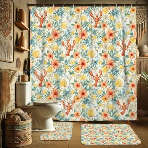 Ensemble de rideaux de douche en polyester imperméable tapis baignoire hibiscus