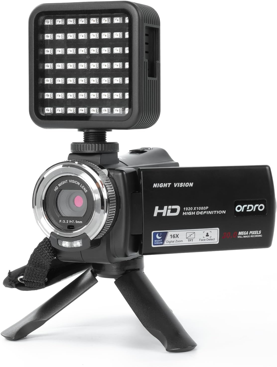 ORDRO HDV-V12 Video Camera Full HD Camcorder Digital Recorder | 1080P 30FPS 30MP | 3.0 Inch Rotation LCD | 16X Digital Zoom | Infrared Night Vision - Black (V12+LN-5 IR Light)
