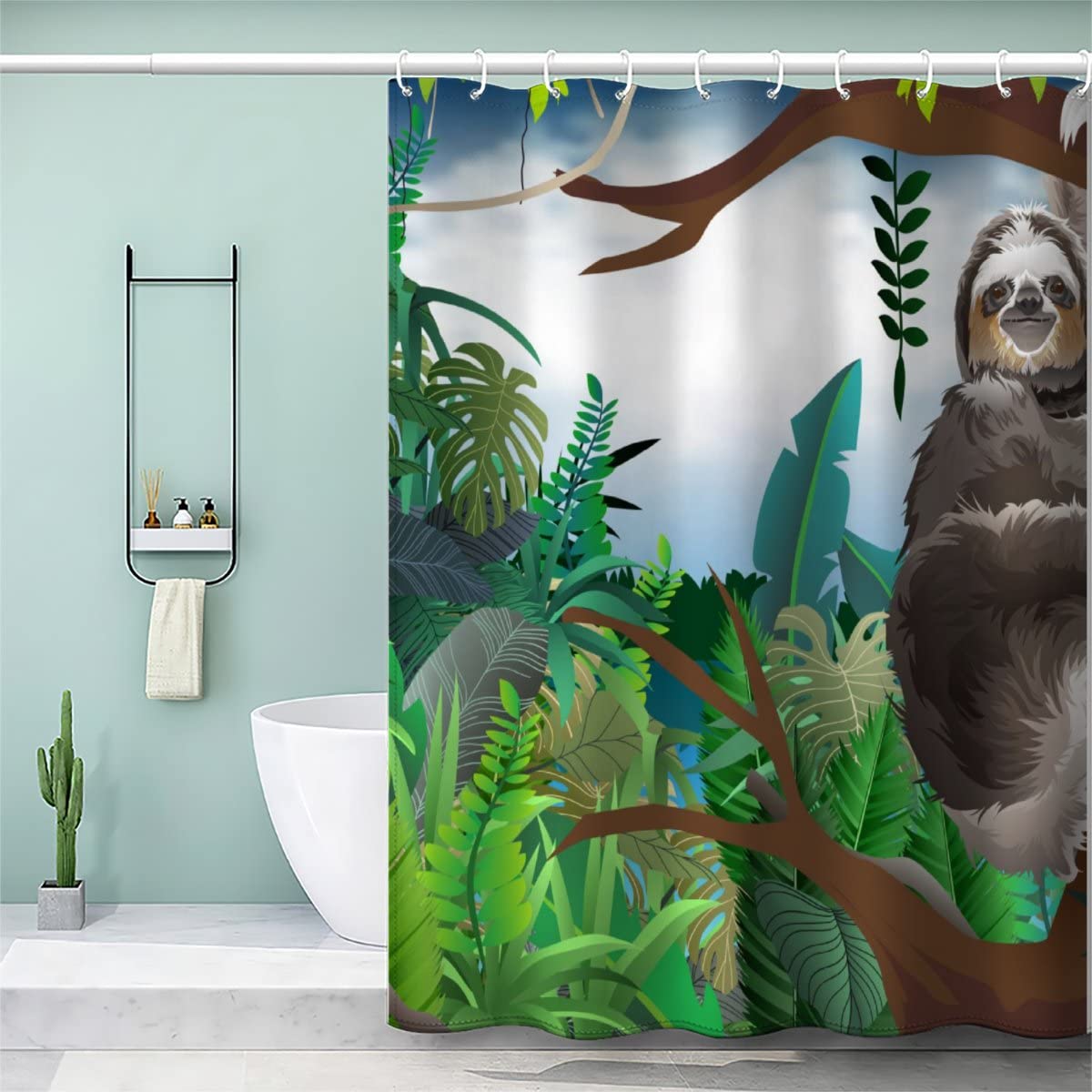 AOLIGL Shower Curtain 180 x 200cm Sloths Palm Leaves Sloths 3D Shower Curtains Quick-Drying Waterproof Shower Curtains Mould Proof Resistant With 12 Hooks and Weighted Hem