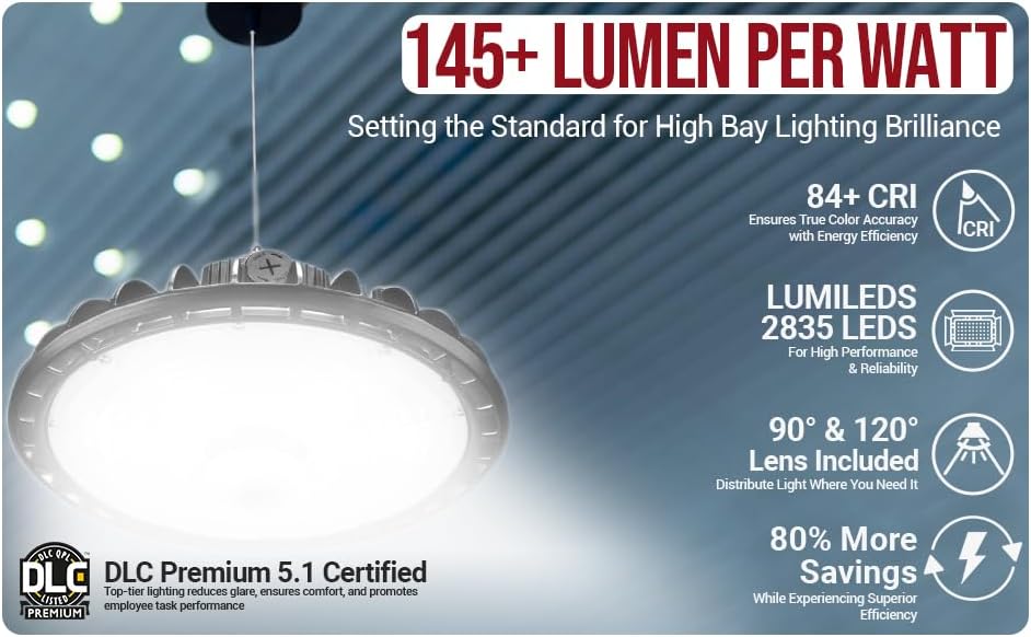 Miniatura 4 de RuggedGrade Luces LED de la serie Corvus UFO de 100 vatios de alta bahía, 14,500 lúmenes, cable de 3.3 pies, 5000 K, DLC Premium 5.1 opcional