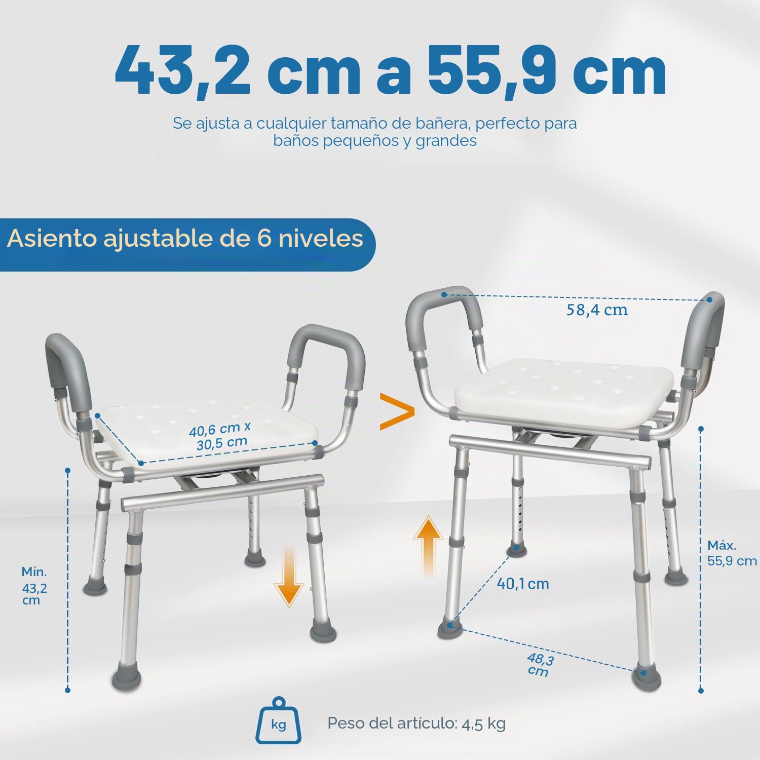 Agrish Silla de Ducha Giratoria 360° para Personas Mayores, Altura Ajustable con Brazos Desmontables y Soporte para Ducha, Antideslizante, Capacidad 159 kg