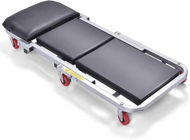 GiantexUK Folding Mechanics Car Creeper, 2-in-1 Workshop Crawler with Soft Cushion and Wheels, Professional Vehicle Repair Rolling Padded Seat for Garage, Load Capacity up to 150kg
