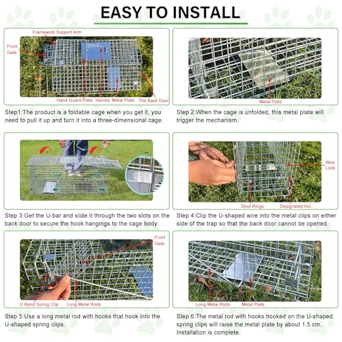 32\" Live Animal Cage Trap, Humane Cat Trap Galvanized Iron,Heavy Duty Folding Animal Trap with Handle for Rabbits, Stray Cats, Raccoons,Groundhogs and Opossum(32 * 12 * 12.5inch)