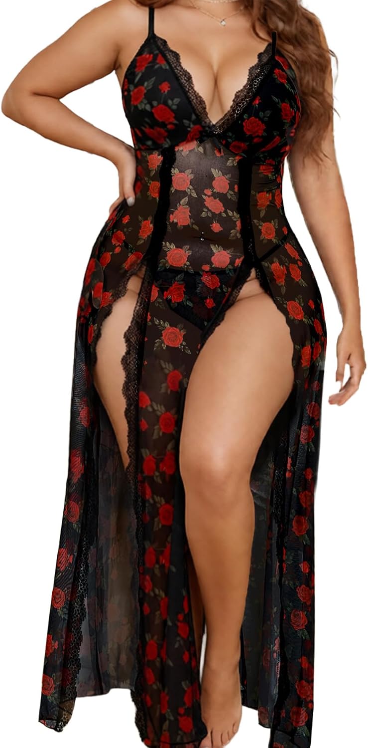 Alrovetoney Womens Lingerie Gown For Women Babydoll Sexy Mesh Maxi Nightdress Strappy Exotic Sleepwear Side Slits