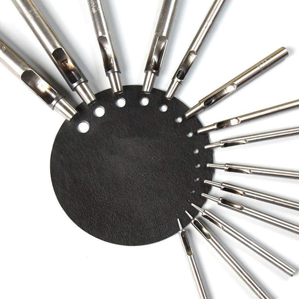 WUTA Juego de 15 punzones SPC, herramienta de corte hueca de acero redonda, para cuero y correas de reloj (0,5-15 mm)