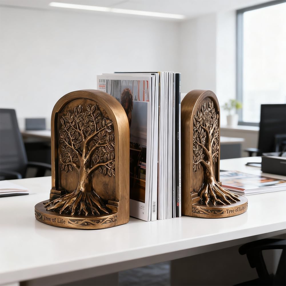 Tree of Life Bookends Set – 6.1" Resin Decorative Bookends, Antique Bronze Finish, Non-Skid Heavy Duty Support for Books, Bookshelf Decor, Office, Library, Housewarming Gift