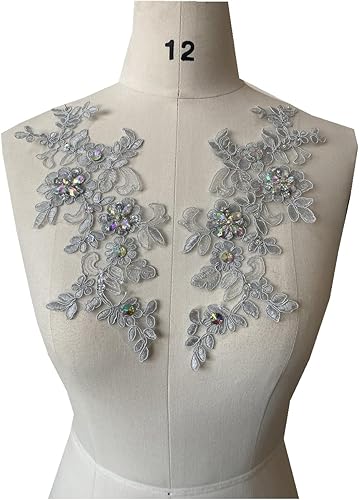 Miniatura 29 de Zbroh Parches de tela de encaje fino bordados con diamantes de imitación bordados, decoración de vestido para coser en lentejuelas cuentas, Azul