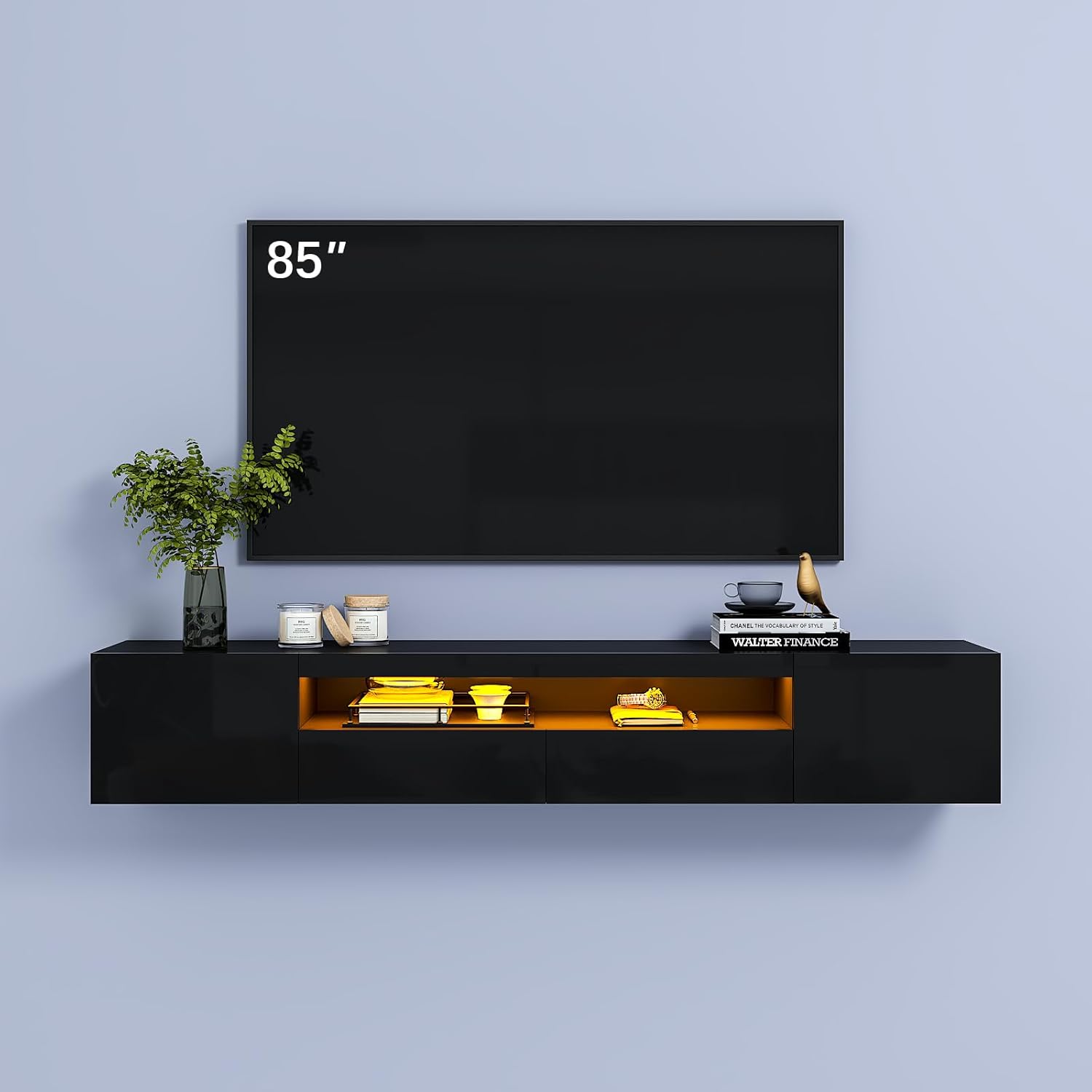 HedoAjim Black Floating TV Stand for 55 65 70 75 78 85 inch TV, Entertainment Center with LED Light and Storage Cabinet High Gloss Media TV Console Shelf for Wall for Living Room Bedroom
