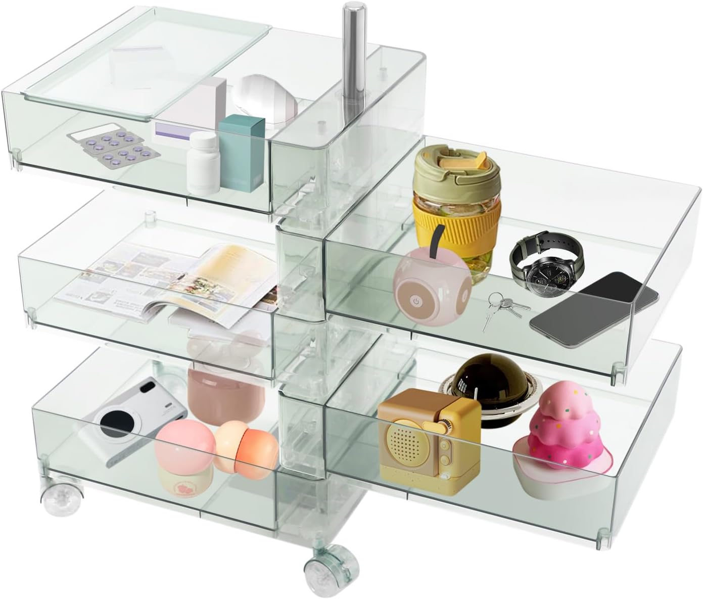 5 Tier Storage Cabinet, 360° Rotating Sofa Side Cabinet, Multi-Functional Rotating Side Table, Mobile Bedside Table, Portable Storage Organizer for Living Room Bedroom Office (Clear Green)