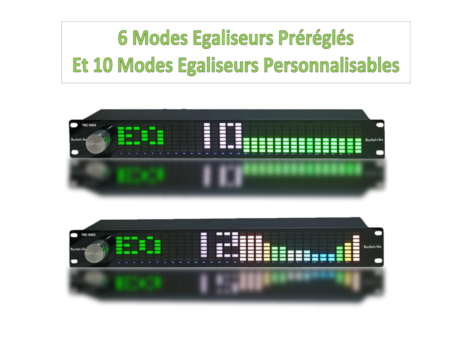 Decibelvibe TNZ SGE6 - Égaliseur Graphique Audio avec Entrée/Sortie RCA-Jack 3.5, entrée sans Fil Via Un Microphone intégré, entrée USB et Bluetooth, préampli Audio pour Systèmes Audio-Vidéo (Argent)