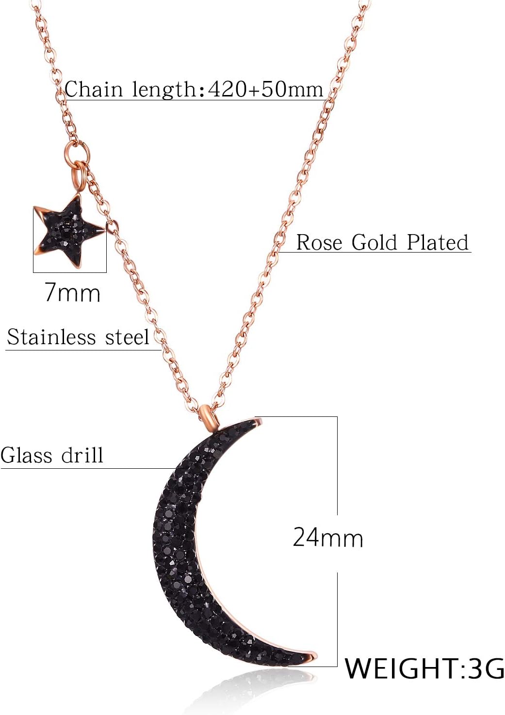 TEMICO Rose Gold Plated Stainless Steel Black Crystal Cubic Zirconia Star Moon Crescent Pendant Necklace for Women - Image 7