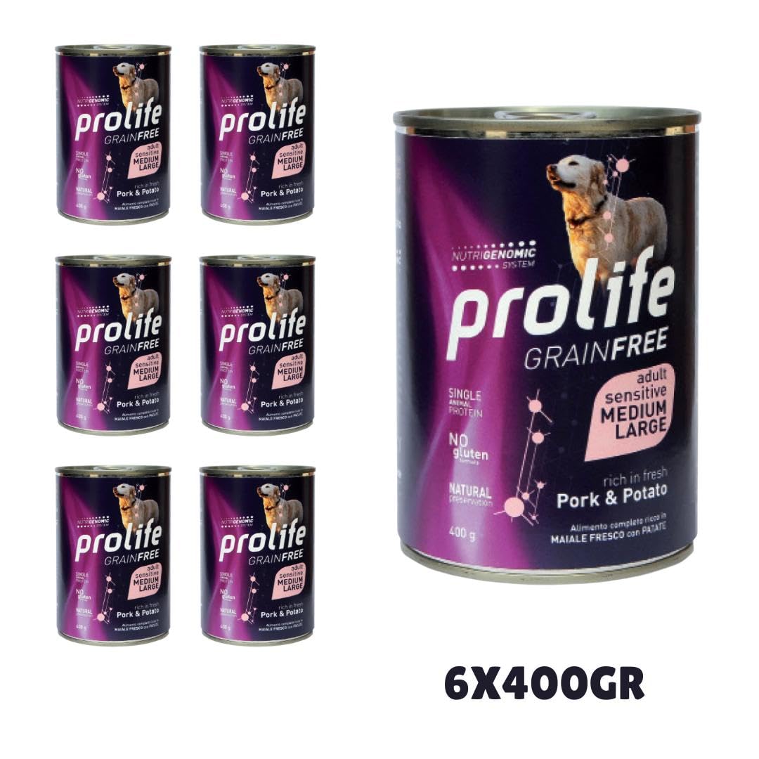 Prolife Umido Per Cani Adulti Sensitive Grain Free – Maiale E Patate, 6 Scatolette Da 400g, Senza Cereali, Per Cani Di Taglia Media E Grande - Foto 1