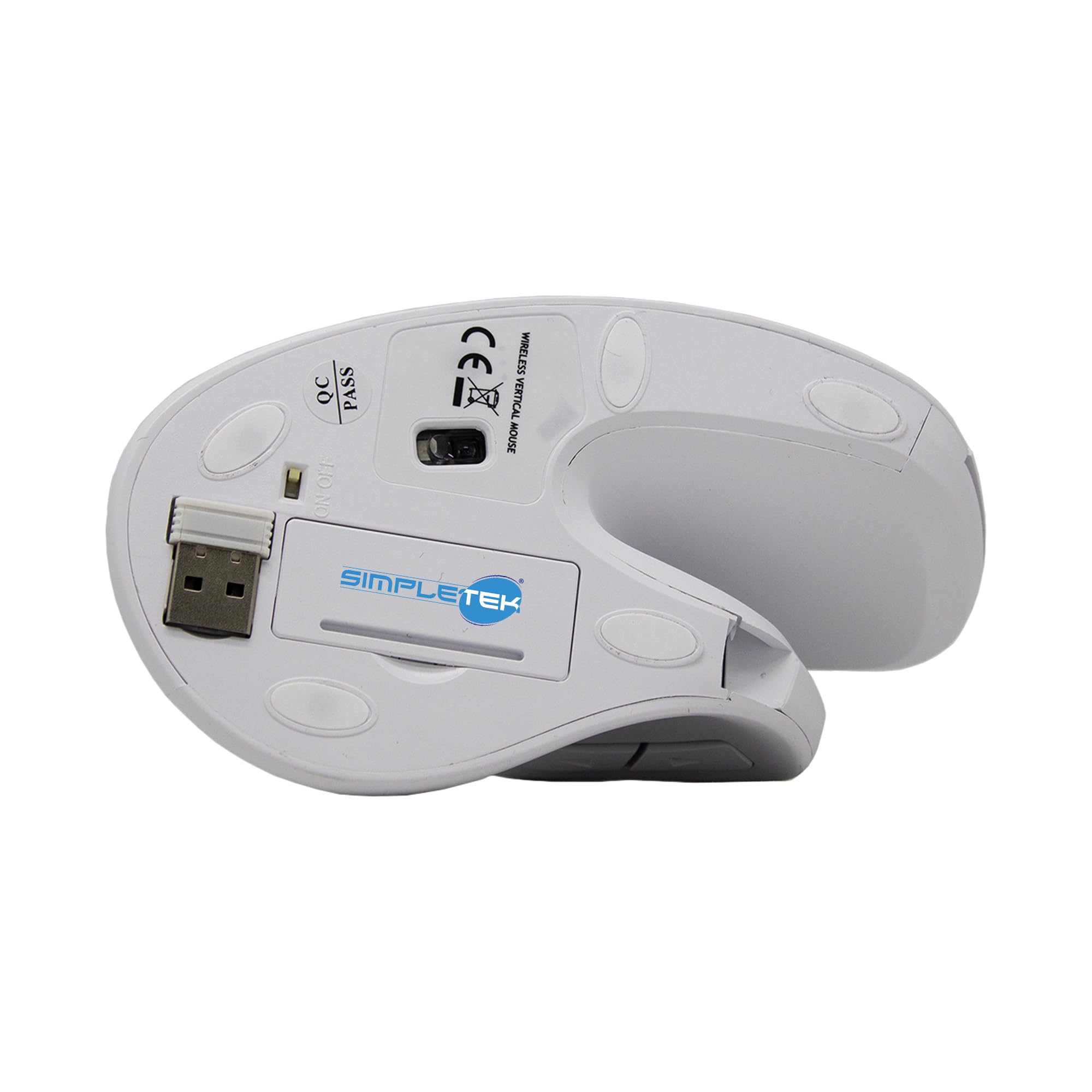 SIMPLETEK - Mouse Verticale Ergonomico Wireless - Senza Fili 2.4GHz - DPI Regolabile fino a 3200-6 Pulsanti - Design Bianco - Ricevitore USB Incluso