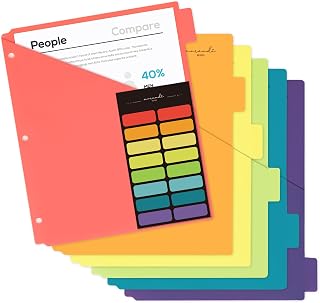 H4D 6-Tab Plastic Binder Dividers, 2 Pockets, Primary Colors, 1 Set | Made of PP Plastic, Fit for 3-Ring Binders, 2 Pockets, Letter Size, Provide Colorful Label Sitckers