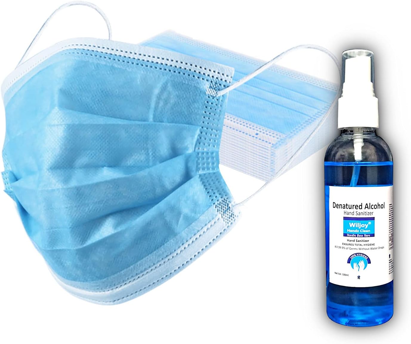 Mask & Sanitizer- COMBO PACK | Lamina 3Ply Disposable & 100ml Wiljoy Handz Clean | BFE>95% | Alcohol 70% (Blue)