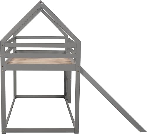 Miniatura 47 de P PURLOVE Litera de casa individual sobre individual con tobogán para niños, adolescentes, litera de madera tamaño individual con techo para sala de