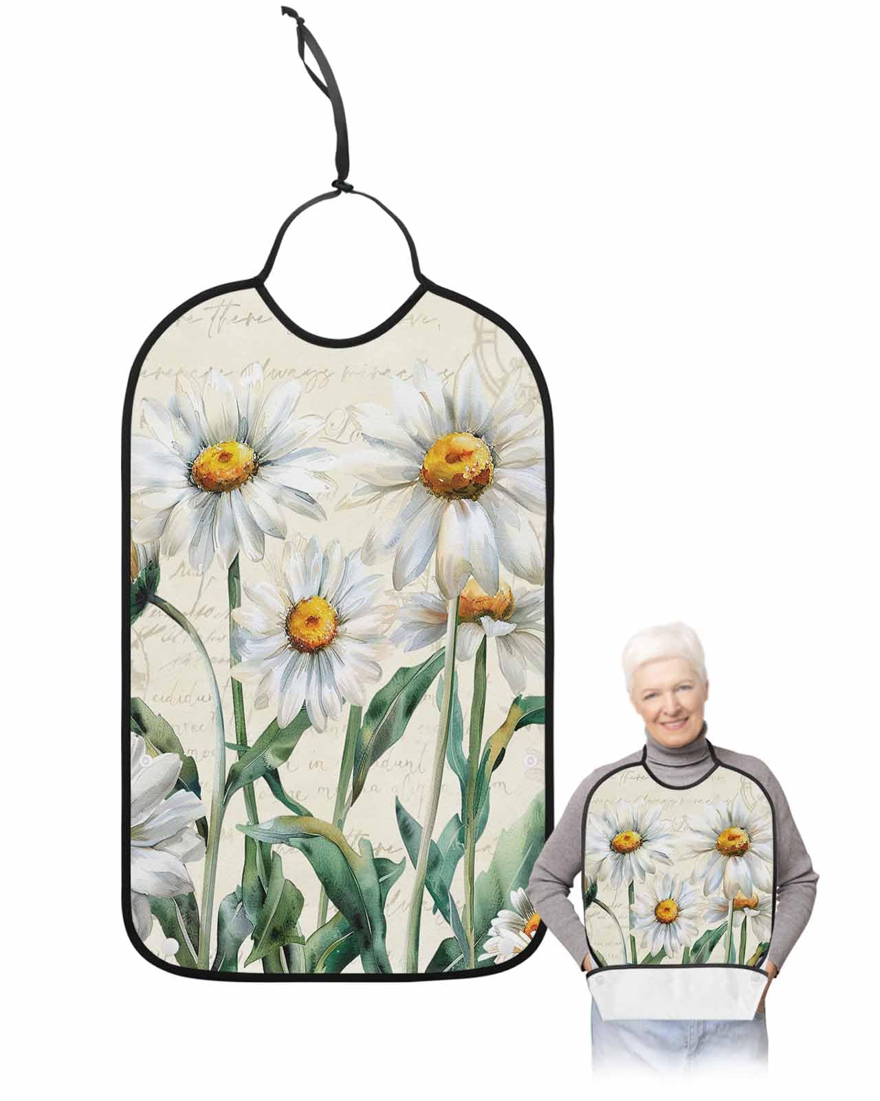 LEOKOTI Spring Floral Adult Bibs for Eating, Waterproof Bibs with Food Catcher & Adjustable Snap Closure, Vintage Summer Botanical White Daisy Washable Clothing Protectors Adult Bibs for Elderly