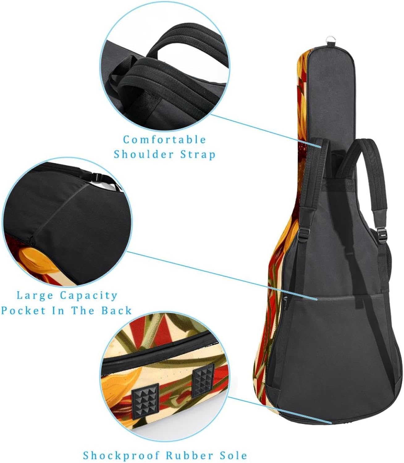 Acoustic Guitar Gig Bag 1 cm Thick Padding, Waterproof Electric Guitar Bag 40-42 Inch Guitar Case Backpack with Dual Shoulder Strap, Sunflowers with Red Stripes Vintage