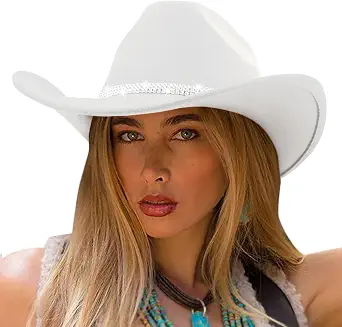 DRESHOW Glitter Cowboy Hat Classic Western Rhinestone Cowgirl Hat Wide Brim Felt Fedora