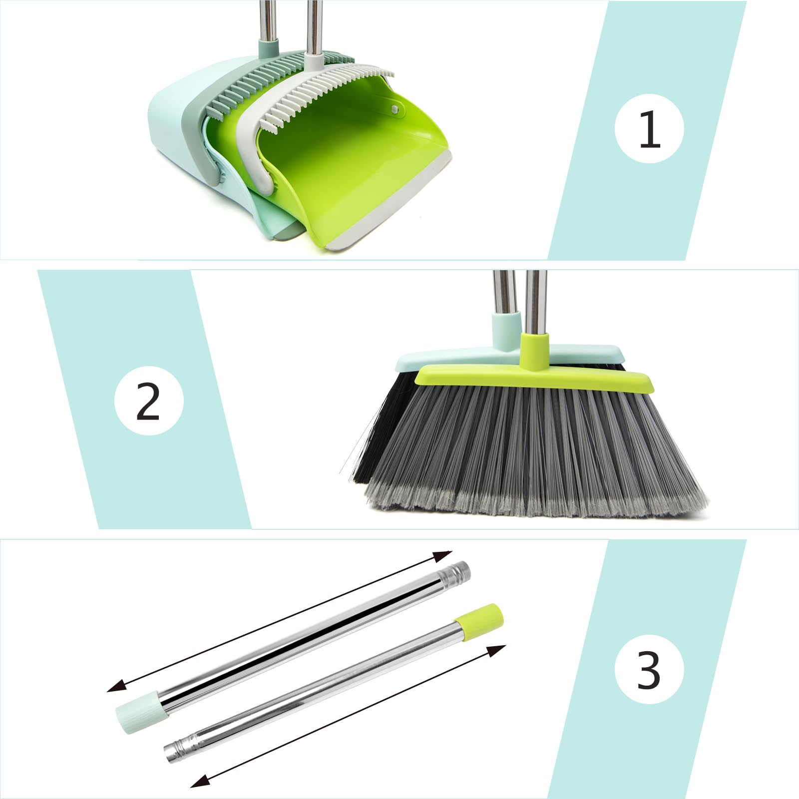 XXFLOWER Broom and Dustpan Combo Set,55" Long Handle,Green 1