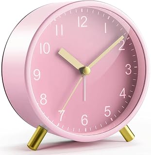 Silent Analog Alarm Clock with Night Light, Non-Ticking Battery Operated Round Desk Clock for Bedroom, Office, Kids, Simple Classic Design, Ideal for Heavy Sleepers,4.5 inches (Pink)
