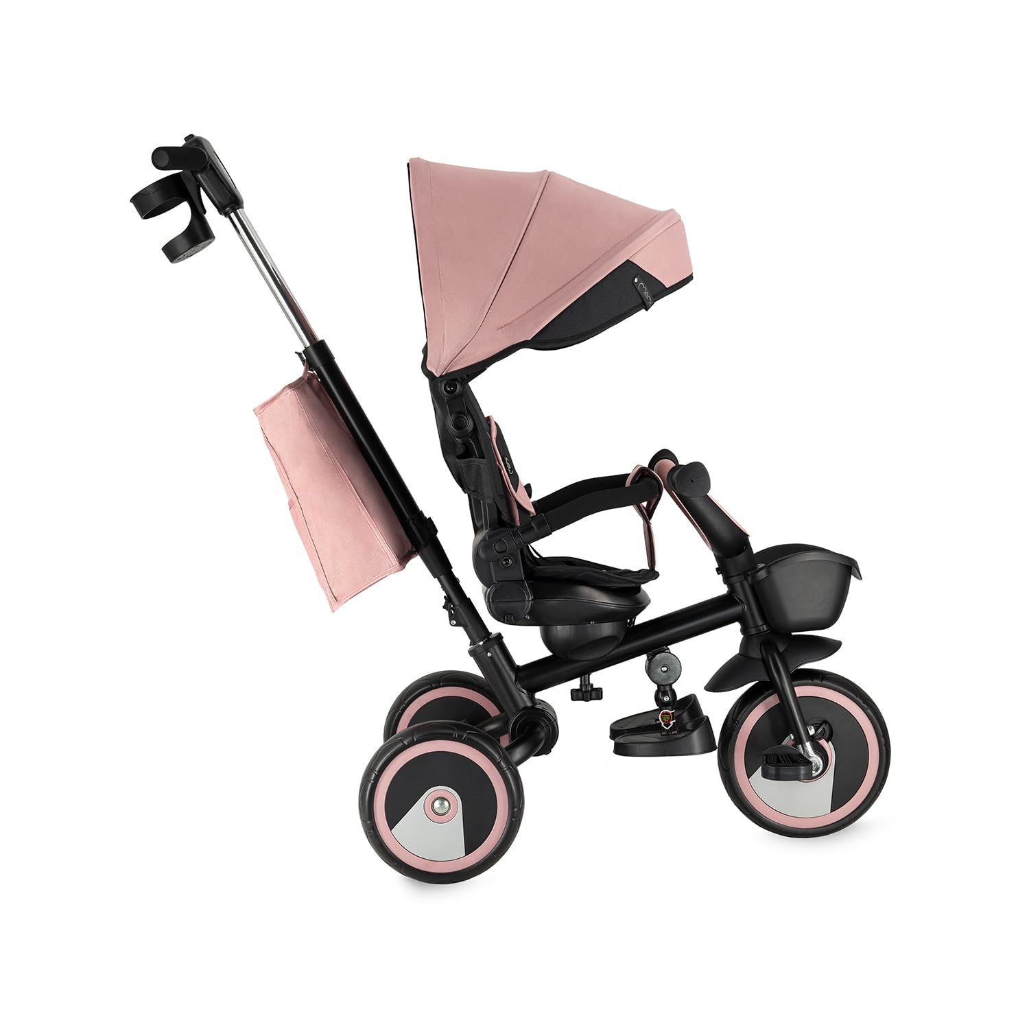 Triciclo per bambini MoMi IVI, seduta girevole 360°, cinture a 3 punti, poggiapiedi, tettuccio parasole, ruote EVA, manubrio regolabile, borsa e cestino portaoggetti