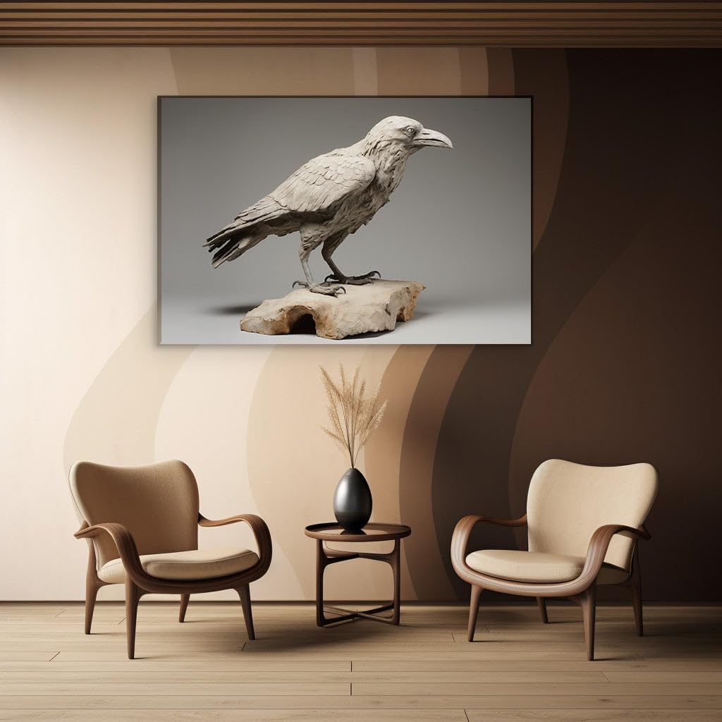 Canvas for Living room. Sculpted Serenity: A Crow's Perch in Monochromatic Grace, 27 x 18 inch Canvas Wall Art - Contemporary Masterpieces - Modern Home Decor - 69x46 cm (27x18 inch)