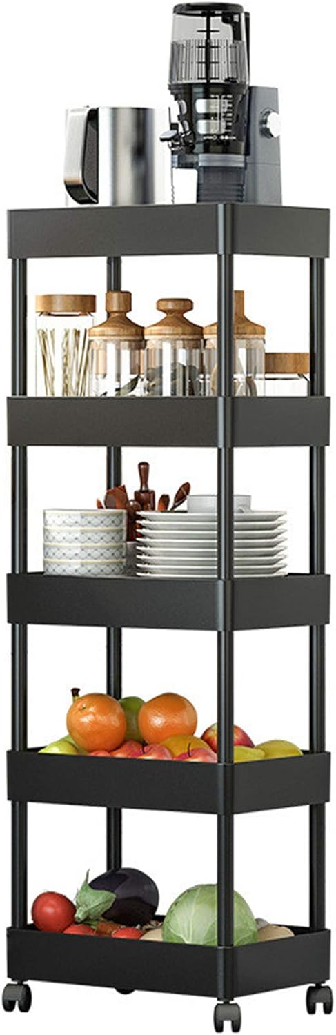 KING GLOBAL 5 Tier Slim Storage Cart with Wheels Mobile Shelving Unit Organizer Slide Out Utility Rack for Kitchen Bathroom Office,Black