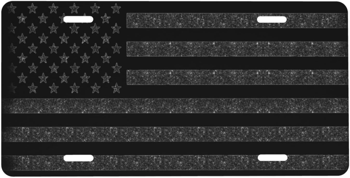 Black Glitter American Flag Front License Plate 6x12 Inch Aluminum Decorative Vanity Plate for Car Truck SUV Funny Cool Novelty Tags for Front of The Car Accessory with 4 Holes for Men Women