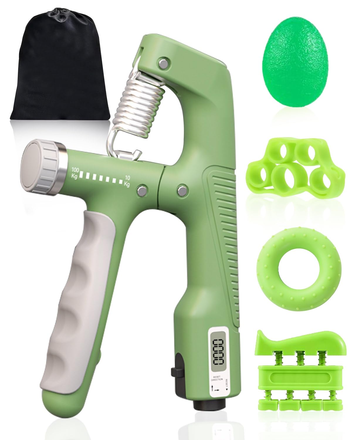 Hand Grip Musculation Kit Vert - Entraîneur Intelligent avec Compteur, Renforcement de Main et Avant-Bras, Pince de Musculation de 5 Réglages (10-100kg), Exerciseur de Doigts avec Poignée