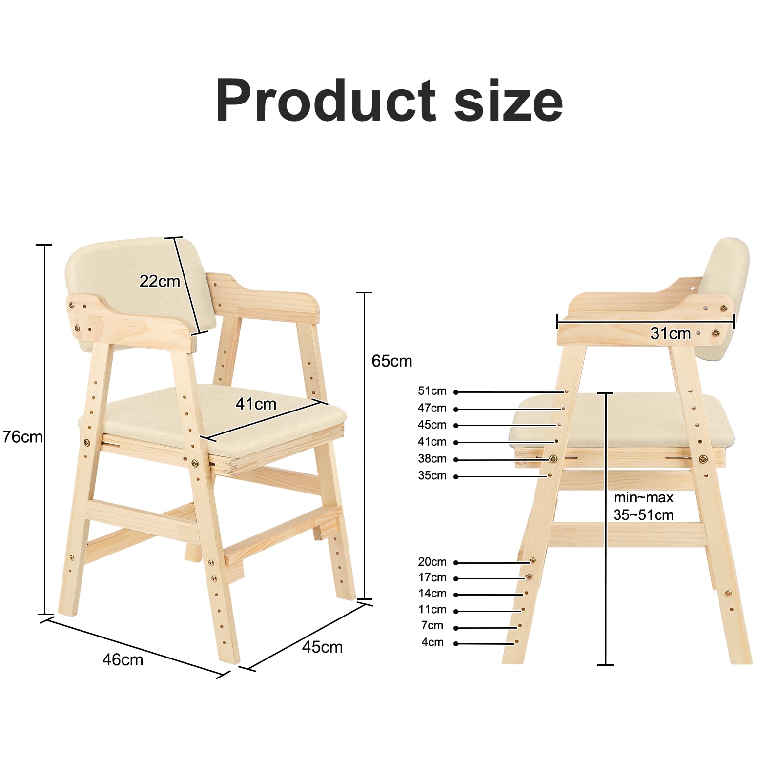 Seggiolone Pappa in Legno, Sedia da Bambini per Studio e Mangiare, Altezza Regolabile da 35 a 51 cm, Carico da 90KG, per Bambini 8+ Mesi (48 * 46 * 78 cm - Beige (1 pezzo))