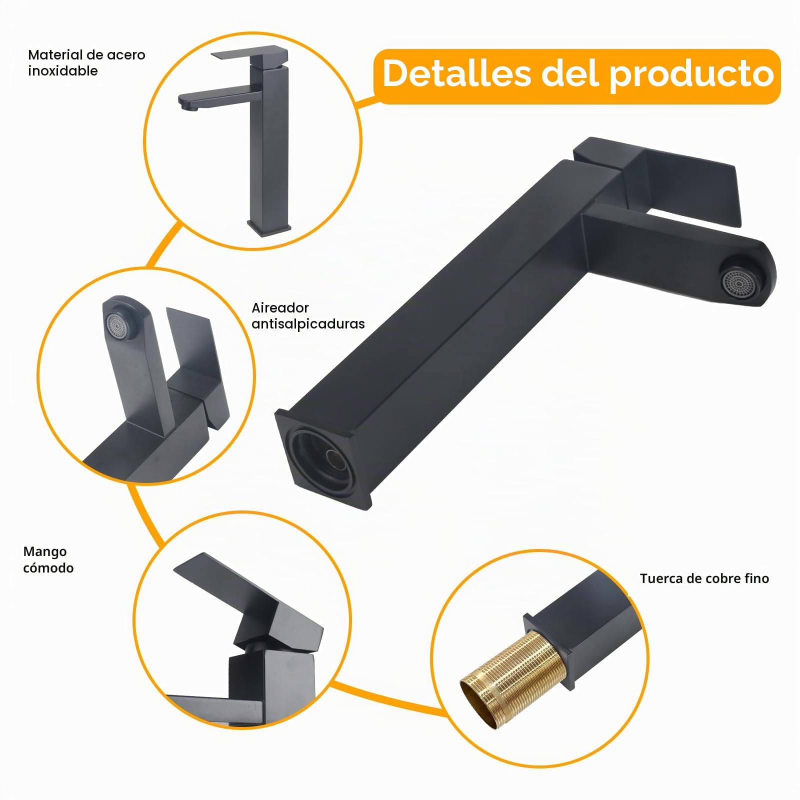 Grifo Lavabo Alto Grifo Baño Grifo Monomando Lavabo con Altura de Salida de 215 MM Grifo Lavabo Negro Acero Inoxidable con Cartuchos Cerámicos para Agua Caliente y Fría Negro