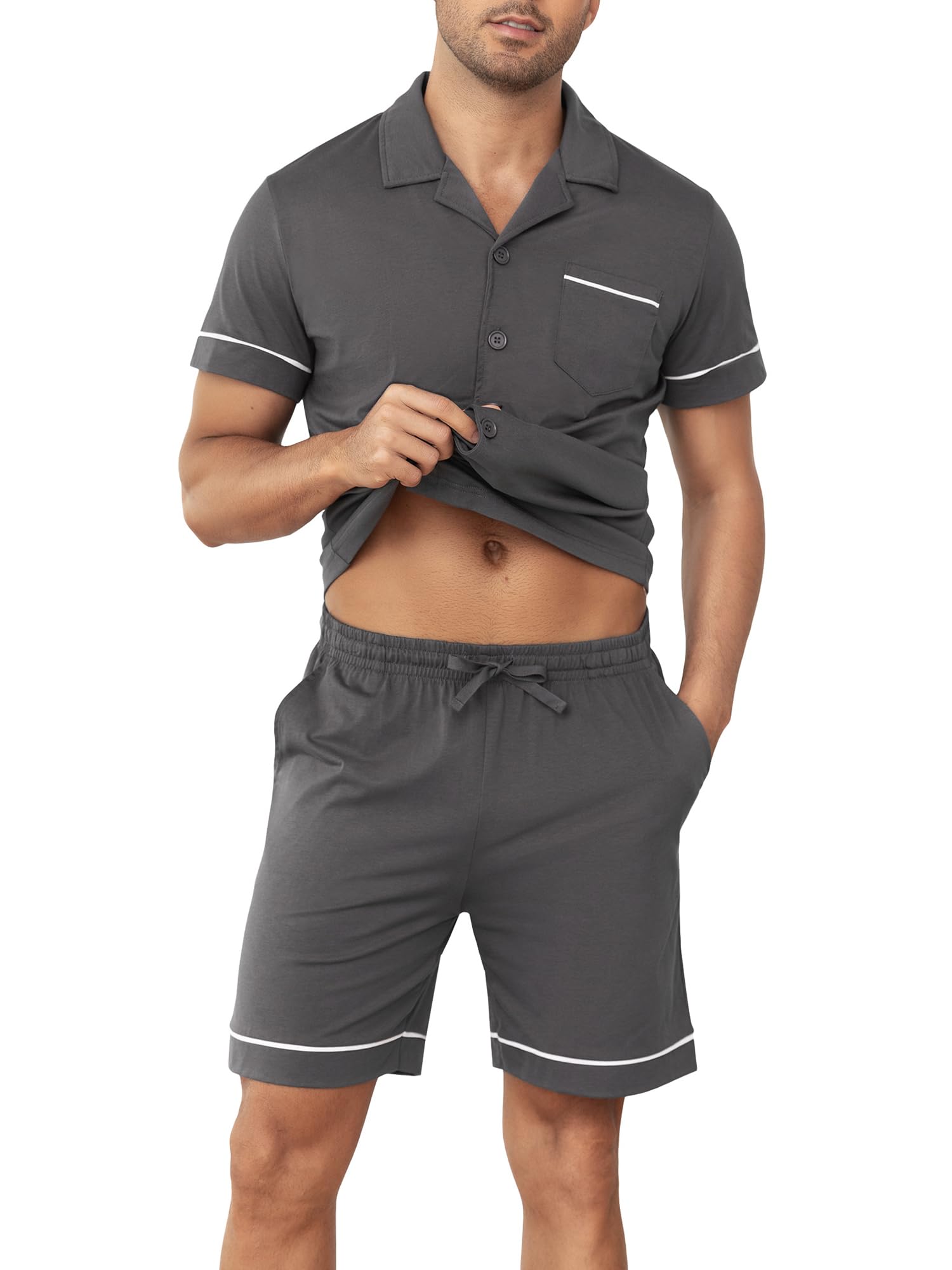 Pyjama Court pour Homme 100% Coton avec Boutons - Pyjama d'été léger à Manches Courtes et Short - Confortable pour la Maison, Les Voyages et la détente