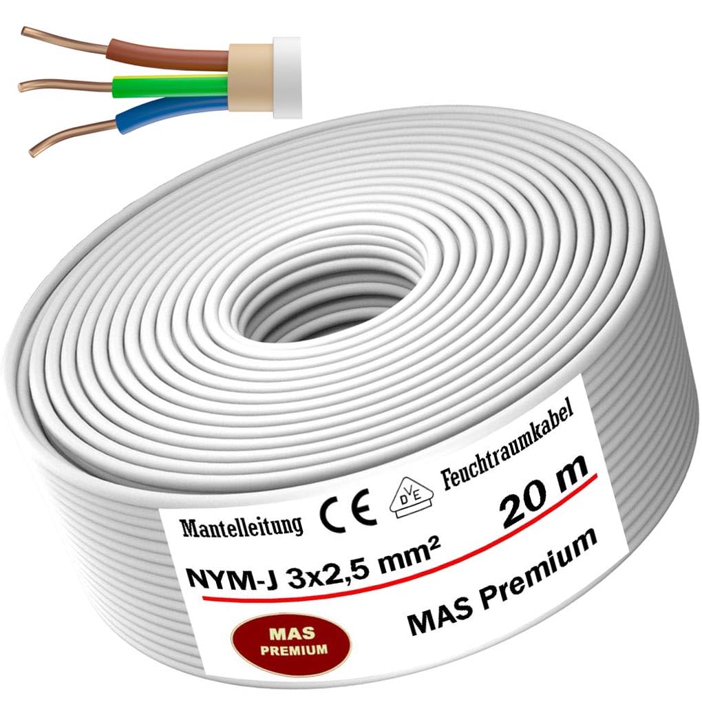 MAS Premium Cavo di alimentazione per ambienti umidi, 5 – 200 m, NYM-J 3 x 1, 5 2,5 4 6 10 o 5 x 1,5 2,5 4 6 10 16, cavo elettrico per installazione fissa (NYM-J 3 x 2, 5 mm², 20 m)