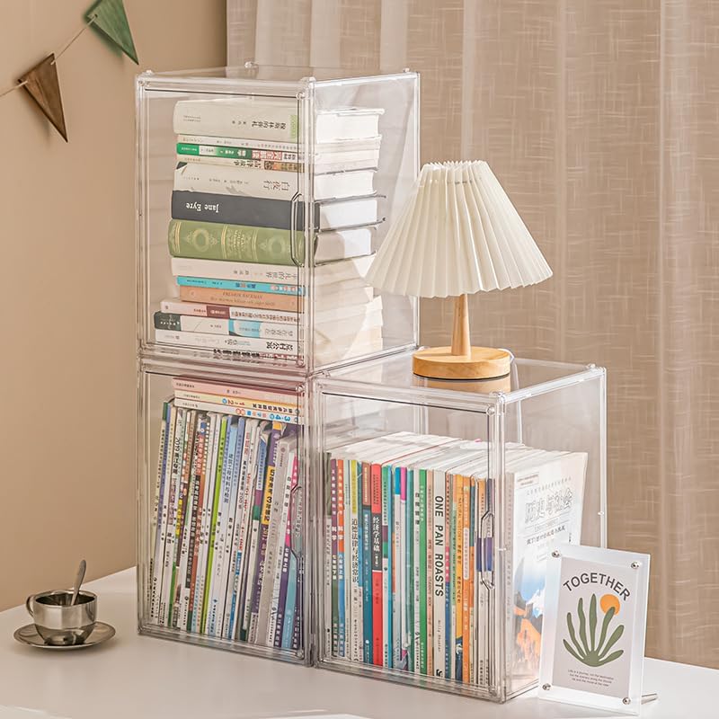 Miniatura 7 de BOHOIDEE Paquete de 2 organizadores transparentes de almacenamiento de libros para estantería, vitrina apilable de plástico con puerta magnética,