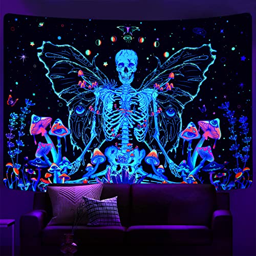Lyacmy Tapisserie murale à suspendre au mur avec tête de mort, motif papillon, réactif aux UV, motif galaxie, squelette néon, pour chambre à coucher (130 x 150 cm)