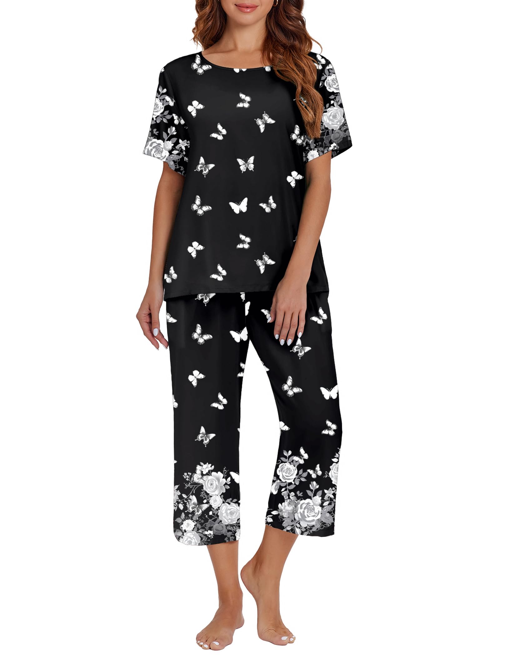 Ekouaer Womens Two Piece Lounge Set Short Sleeve Shirt and Capri Pants Mumu Pajama with Pockets Loungewear Pjs