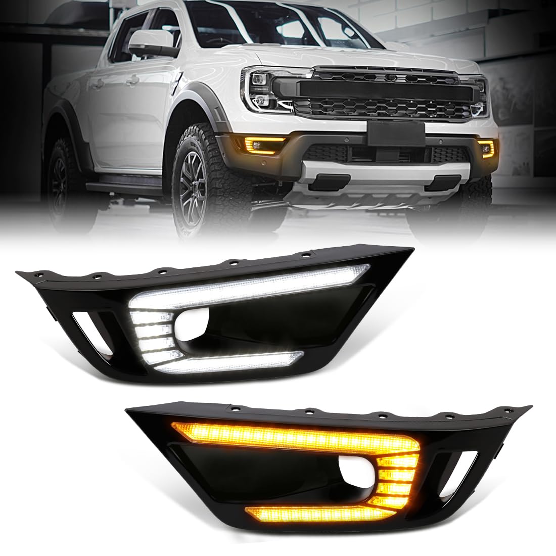 AFOGGEST Daytime Running Light For Ford Ranger Raptor 2022 2023 2024 Fog Light Sequential Turn Signal Dual-Colors LED Driving Light + Wire Harness