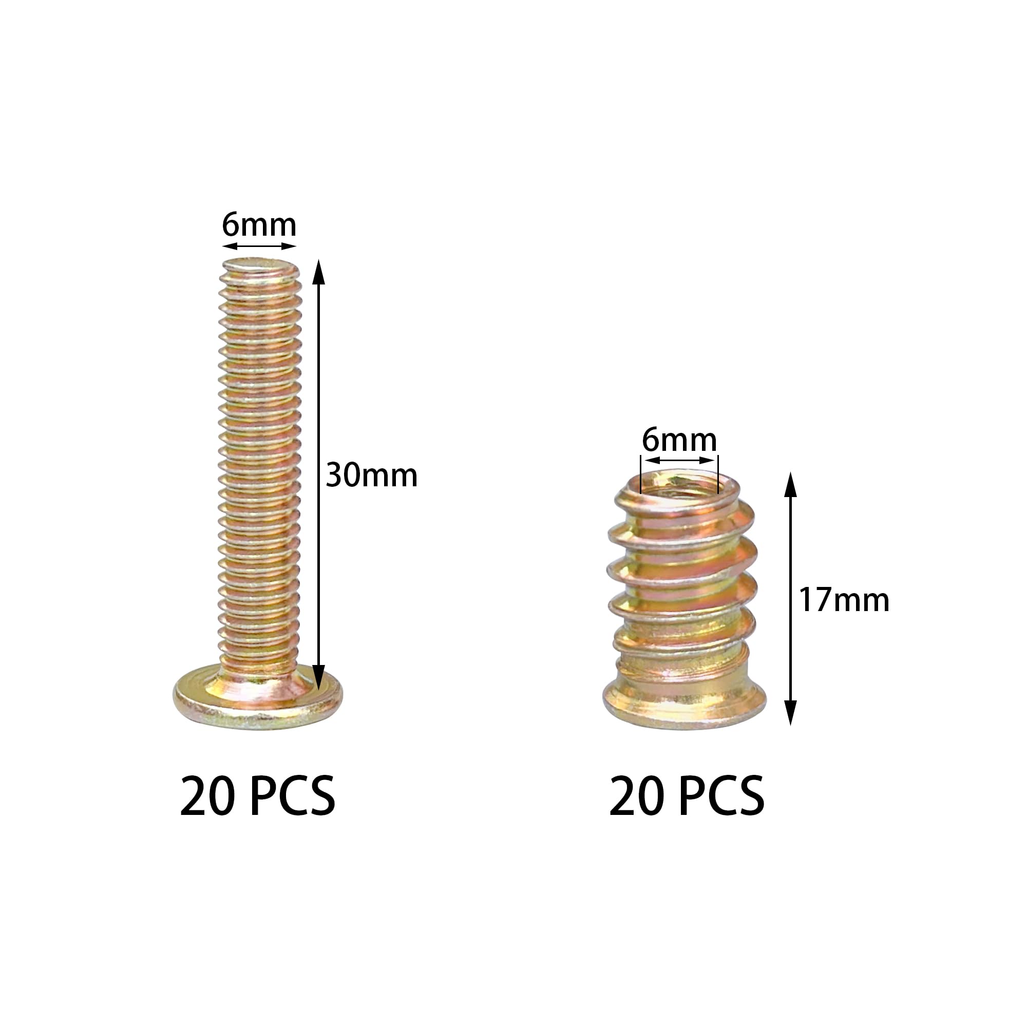 20-Set Furniture Connector Bolt Kit - Wood Furniture Fastener Set including Threaded Insert Nuts & Wrenches (M6 × 30mm) - Image 2