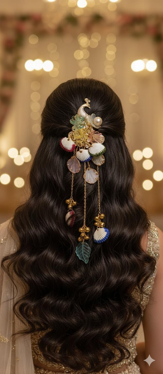 Peacock Hair Pin with Pearl, Multicolor Shell Charms, Dangling Chains, Gold Tone, Traditional Bridal Hair Accessory-image-20